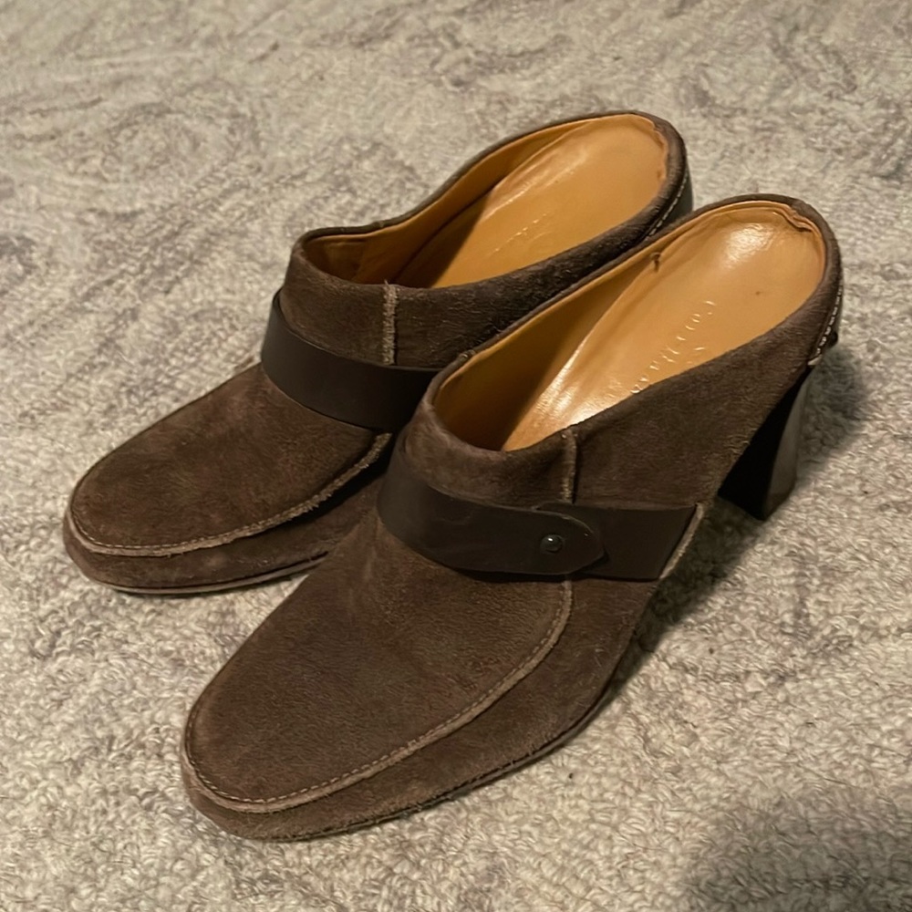 Cole Haan Suede heeled mules.
